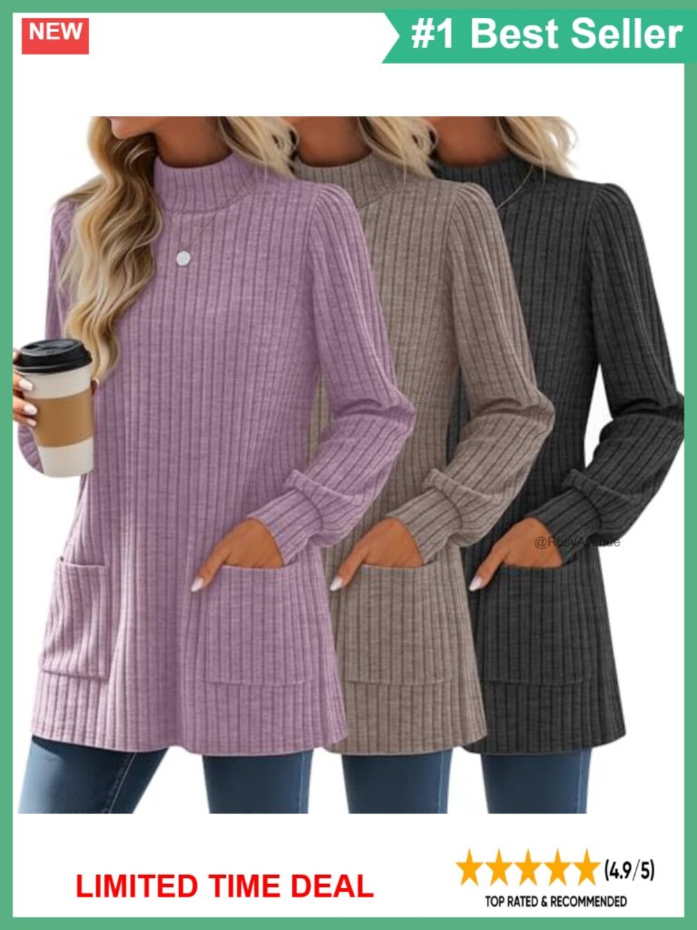 Women's Mock Neck Tunic Sweater Pullover Ribbed Knit Long Sleeve